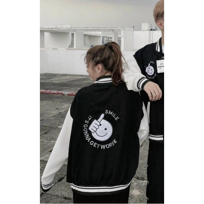 Áo Khoác Bomber Jackets Nhung Gân Tăm Thêu G-SMILE Jacket Varsity  Unisex Form Rộng Ulzzang