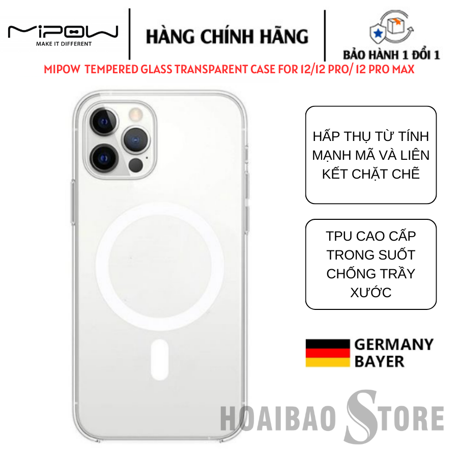 ỐP LƯNG SẠC TỪ TÍNH CHO IPHONE 12/ 12 PRO/ 12 PRO MAX MIPOW TEMPERED GLASS TRANSPARENT - Hàng Chính Hãng