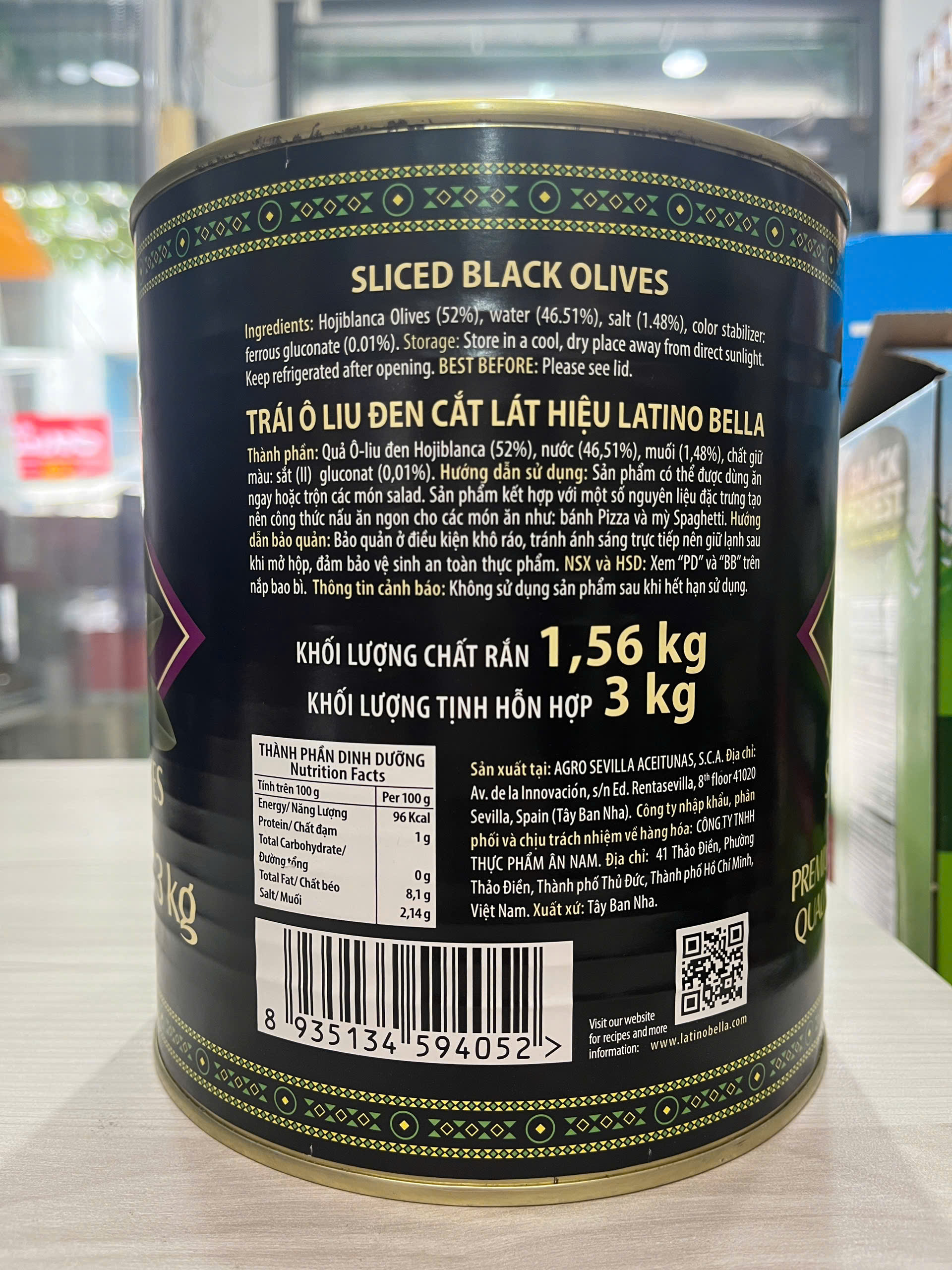 Oliu Đen Cắt Lát Latino Bella 3KG, Tây Ban Nha - Sliced Black Olives