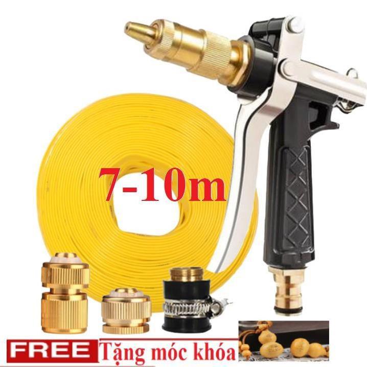 Bộ dây vòi xịt nước rửa xe, tưới cây . tăng áp 3 lần, loại 7m, 10m 206236 đầu đồng,cút đồng,+ tặng móc khoá