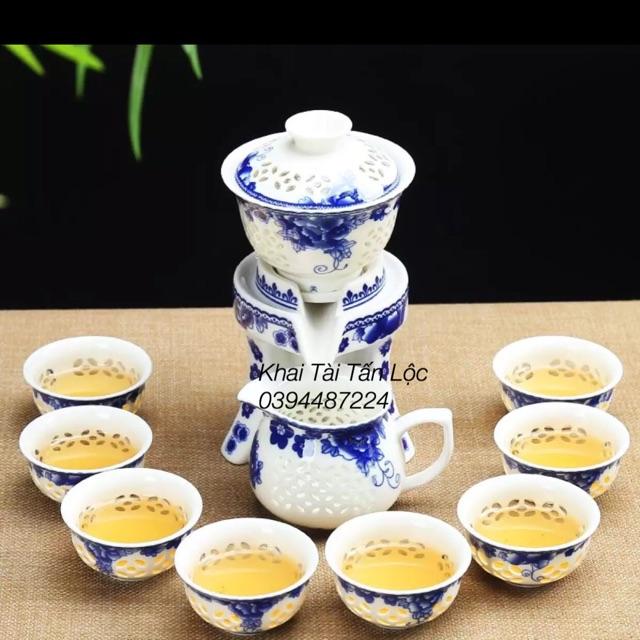 Bộ ấm trà cối xay gốm sứ thấu quang hoa mẫu đơn xanh