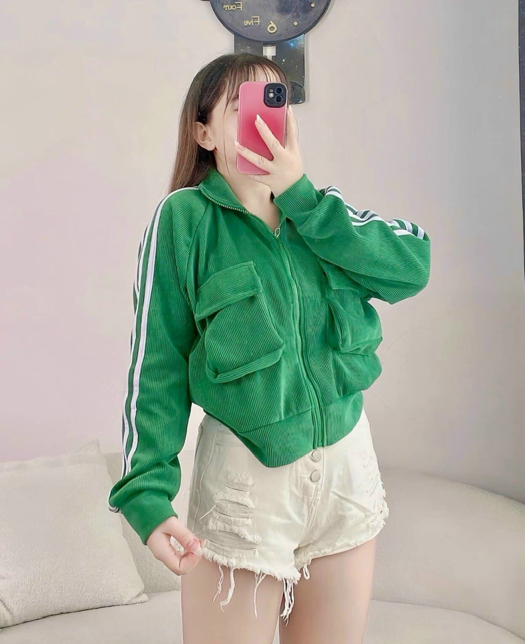[Freship] Áo Khoác Nữ Len Nhung Gân Túi Trước Sành Điệu Cổ Cao Chạy Viền 3 Sọc Cánh Tay Hót Trend Shop Thời Trang, Áo Khoác Nhung Gân Túi Đắp Cao Cấp (7 túi dây kéo) - Hàng mới về