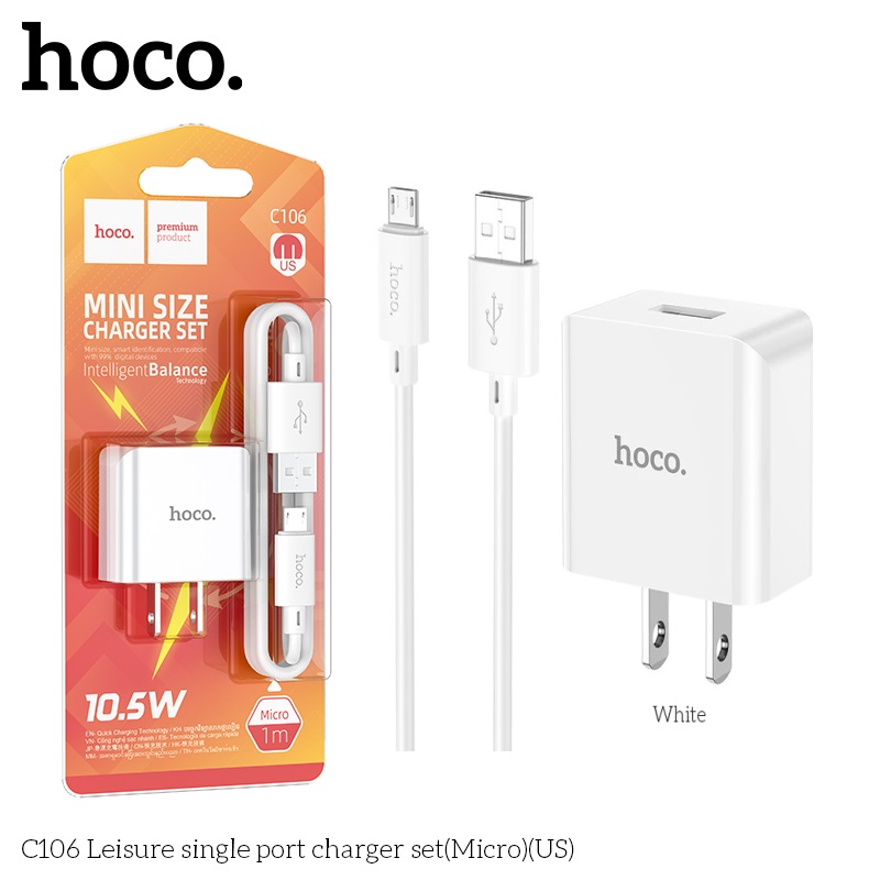 Bộ sạc điện thoại cho Iphone và Android hoco. C106 cổng USB sạc nhanh 2.1A dây dài 1M, dòng điện ổn định an toàn bảo vệ máy - Hàng Chính Hãng