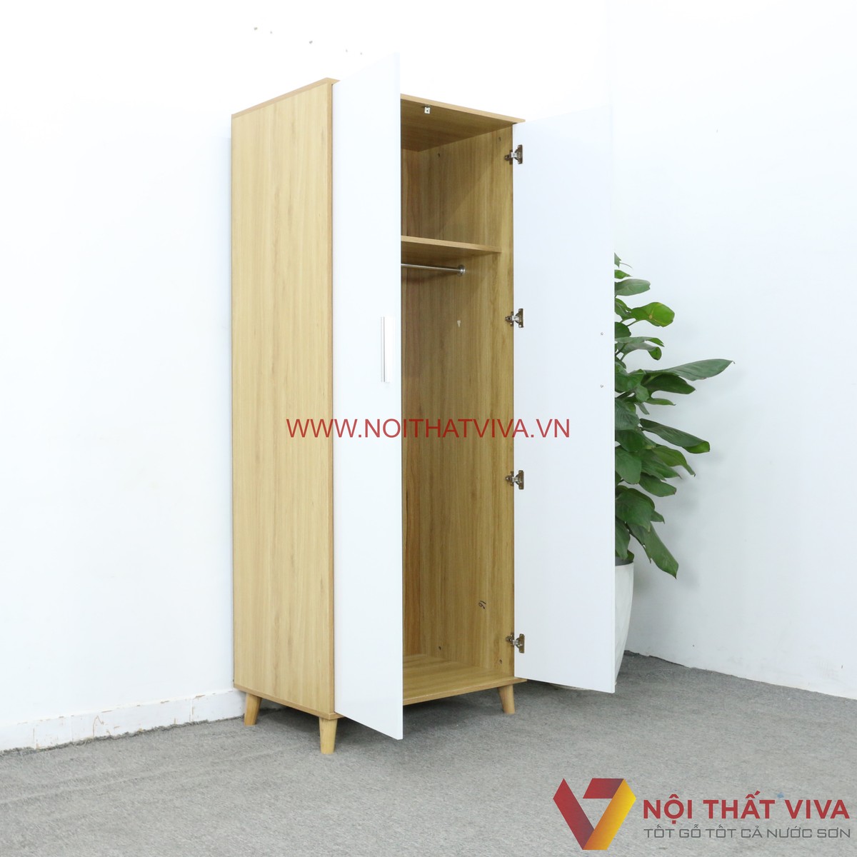 Tủ Quần Áo Có Chân Gỗ MDF Màu Vàng 2 Cánh Trắng Sơn 2K Đẹp Giá Rẻ