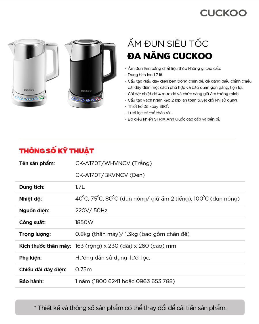 Bình đun siêu tốc đa năng Cuckoo CK-A170T dung tích lớn 1.7L - 1850W - Điều chỉnh nhiệt độ nước - Hàng chính hãng