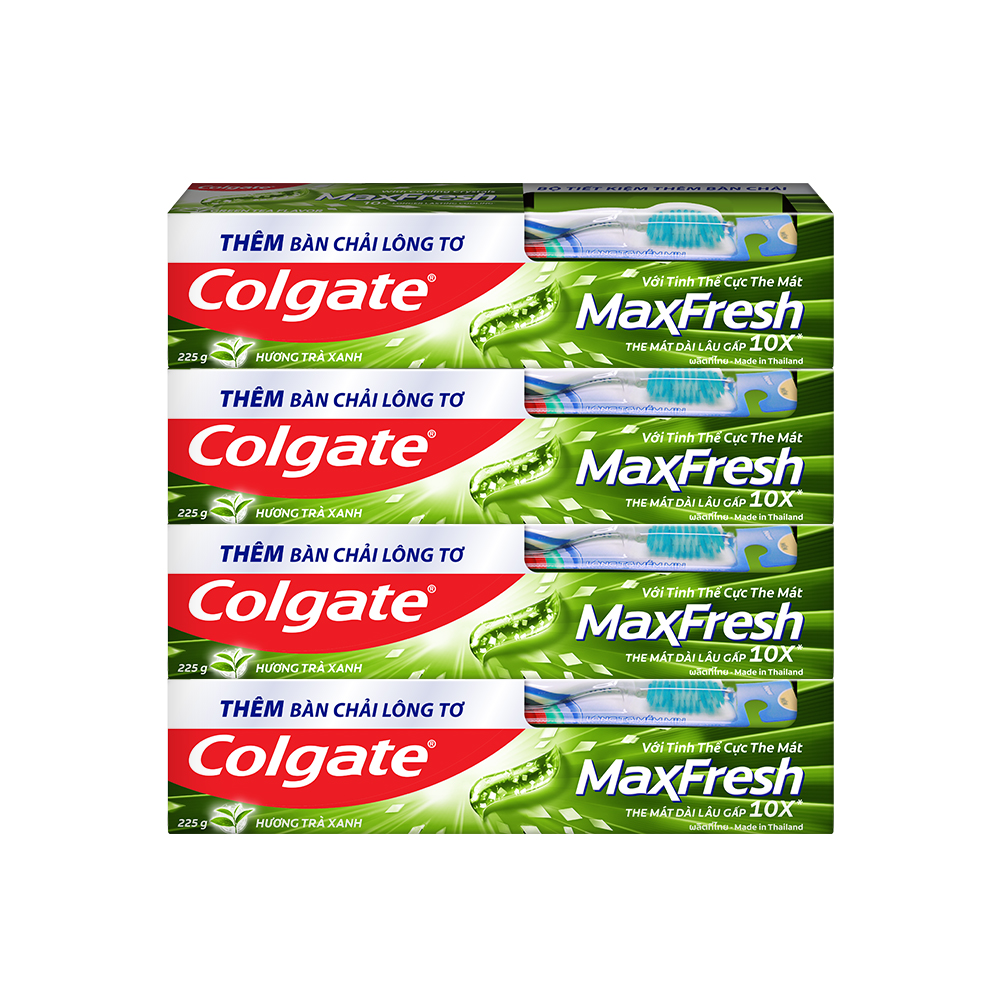 Bộ 4 Kem đánh răng Colgate Trà Xanh the mát Maxfresh 230g/tuýp tặng bàn chải đánh răng lông tơ cao cấp