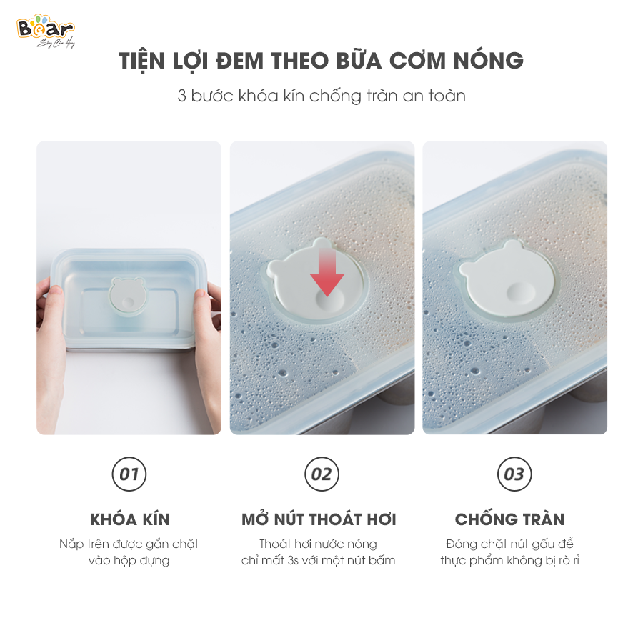 Hộp Cơm Cắm Điện Bear 2 Tầng 3 Ngăn Hâm Nóng Cực Nhanh Inox 304 An Toàn Tuyệt Đối Chống Trào 1,2L SB-HC12L