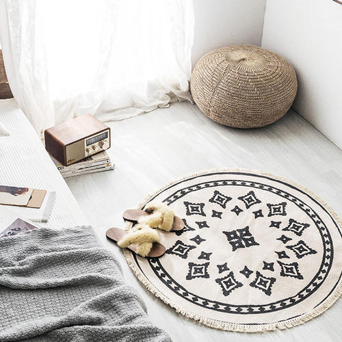 Thảm Tròn Cotton Tua Rua Thổ Cẩm Phong Cách Bắc Âu đường kính 120cm