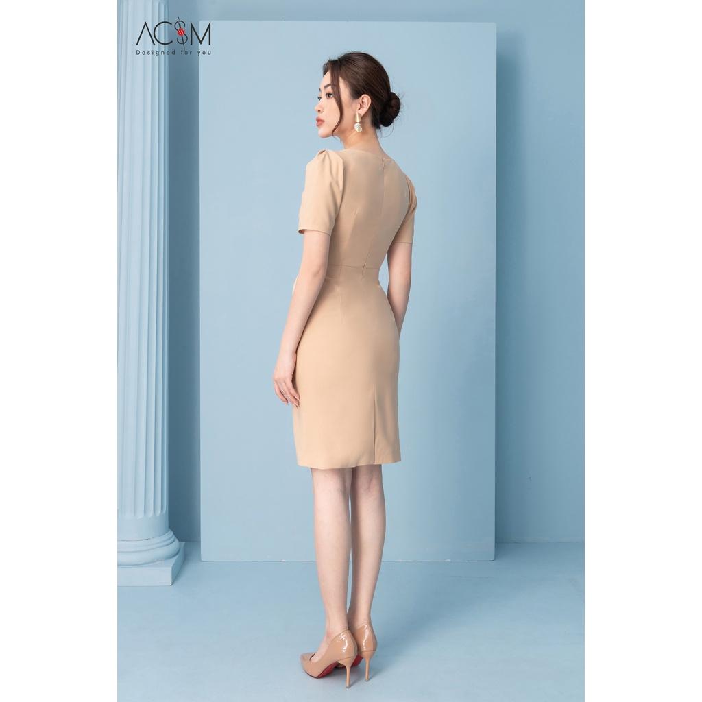 Đầm peplum nơ ly AC&amp;M cổ tròn chất liệu tuytsy nhật màu kem