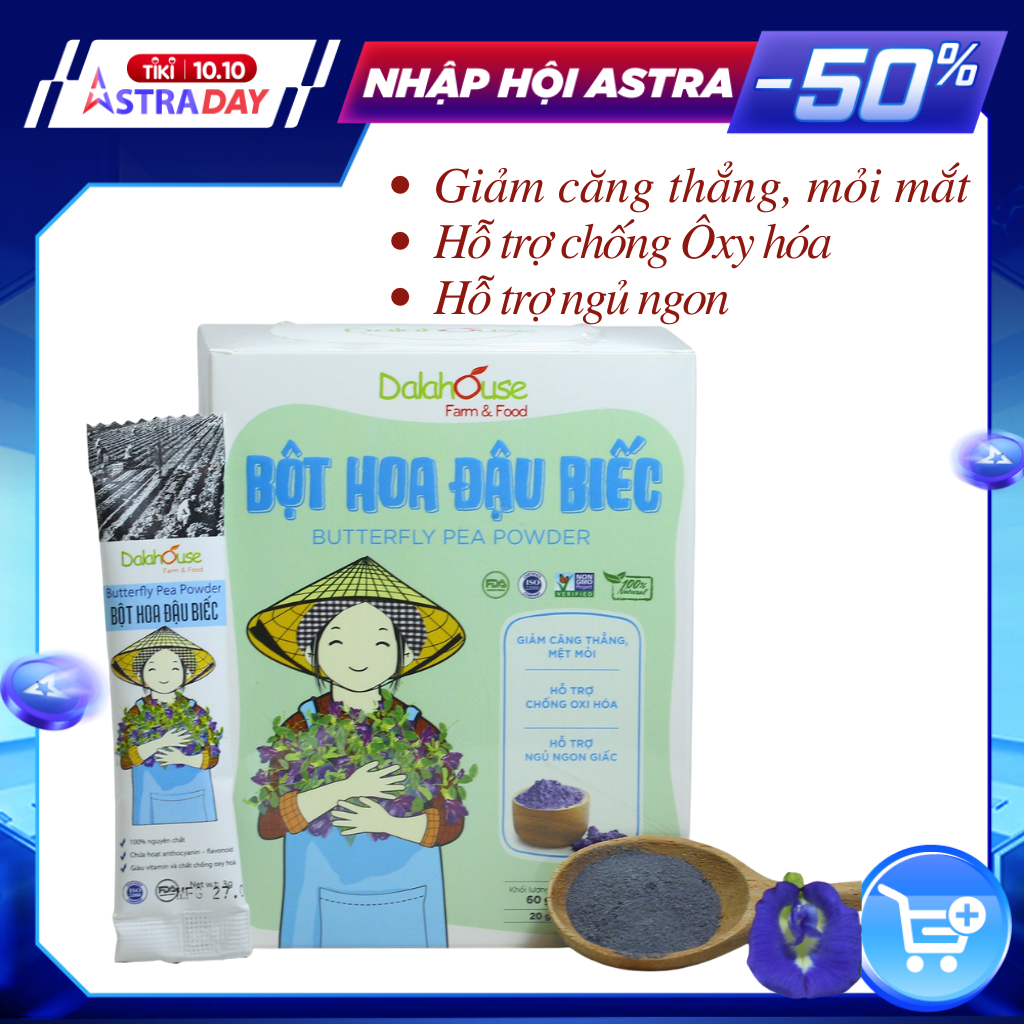 Bột HOA ĐẬU BIẾC hữu cơ sấy lạnh Dalahouse - Hộp 20 gói 3gr tiện lợi - Giảm căng thẳng mệt mỏi, hỗ trợ chống ô xy hóa, tốt cho mắt và giúp cho giấc ngủ sâu