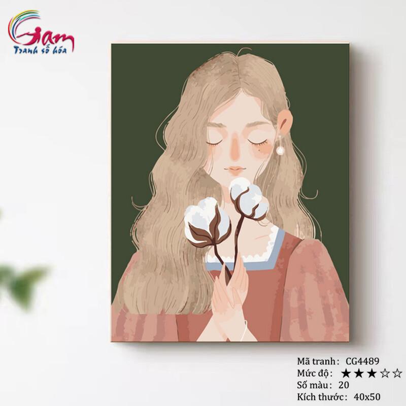 Tranh tự tô màu theo số cô gái hoa mới lọ màu to 5ml + 2 bộ cọ + khung 2.5cm CG4489