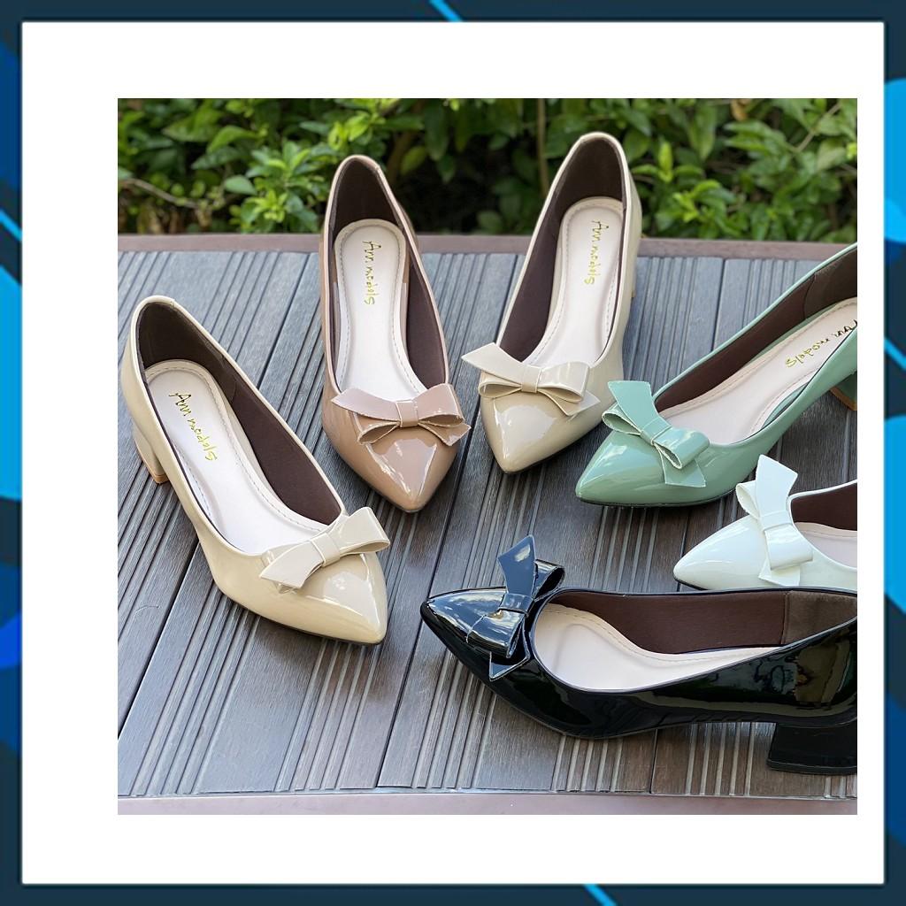 Giày cao gót 3 phân mũi nhọn gót vuông phối nơ xinh _A893NM