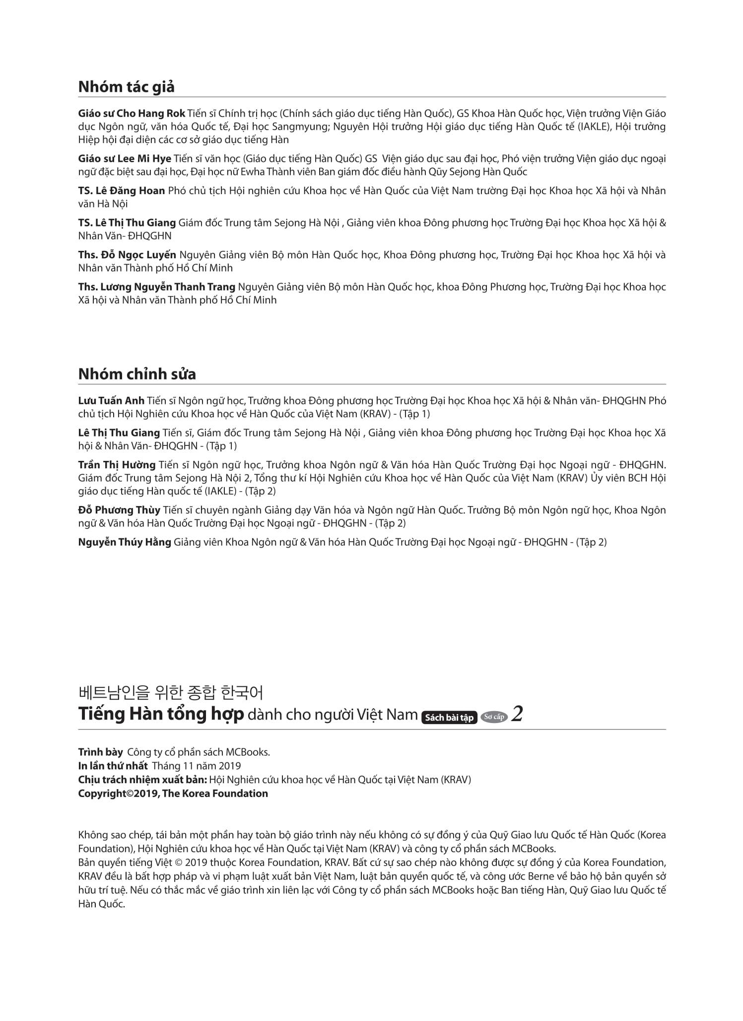 Sách - Tiếng Hàn Tổng Hợp Dành Cho Người Việt Nam - Sơ Cấp 2 - Sách Bài Tập (Tái Bản 2025)