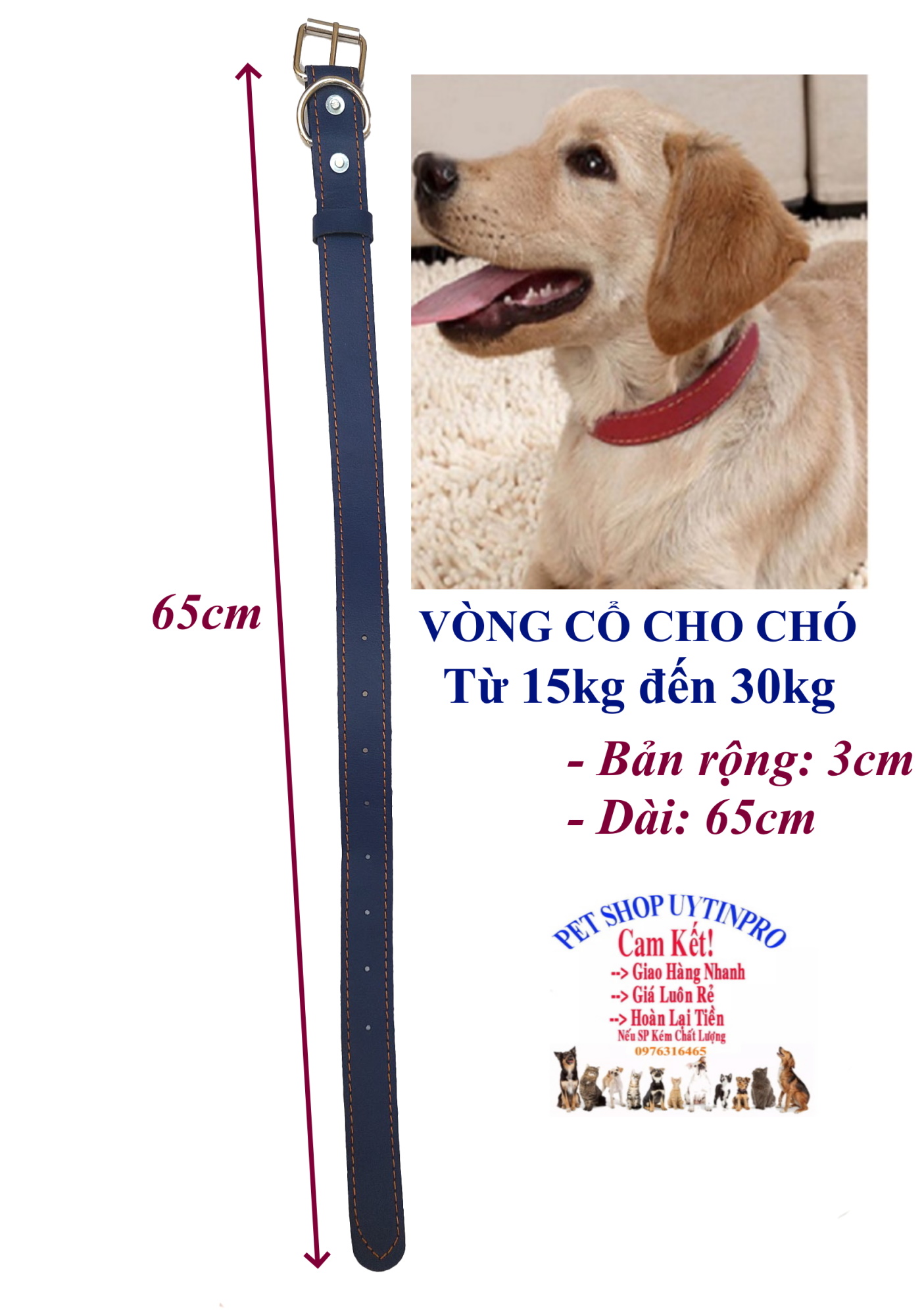Vòng cổ da cho Chó từ 15kg đến 30kg Bản rộng 3cm Dài 60cm Chất liệu da bền đẹp, Chắc chắn, An toàn cho Thú cưng