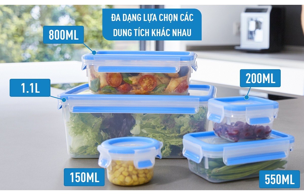 Bộ 3 hộp nhựa vuông Tefal Masterseal Fresh 0.55L, 0.8L, 1L - xanh
