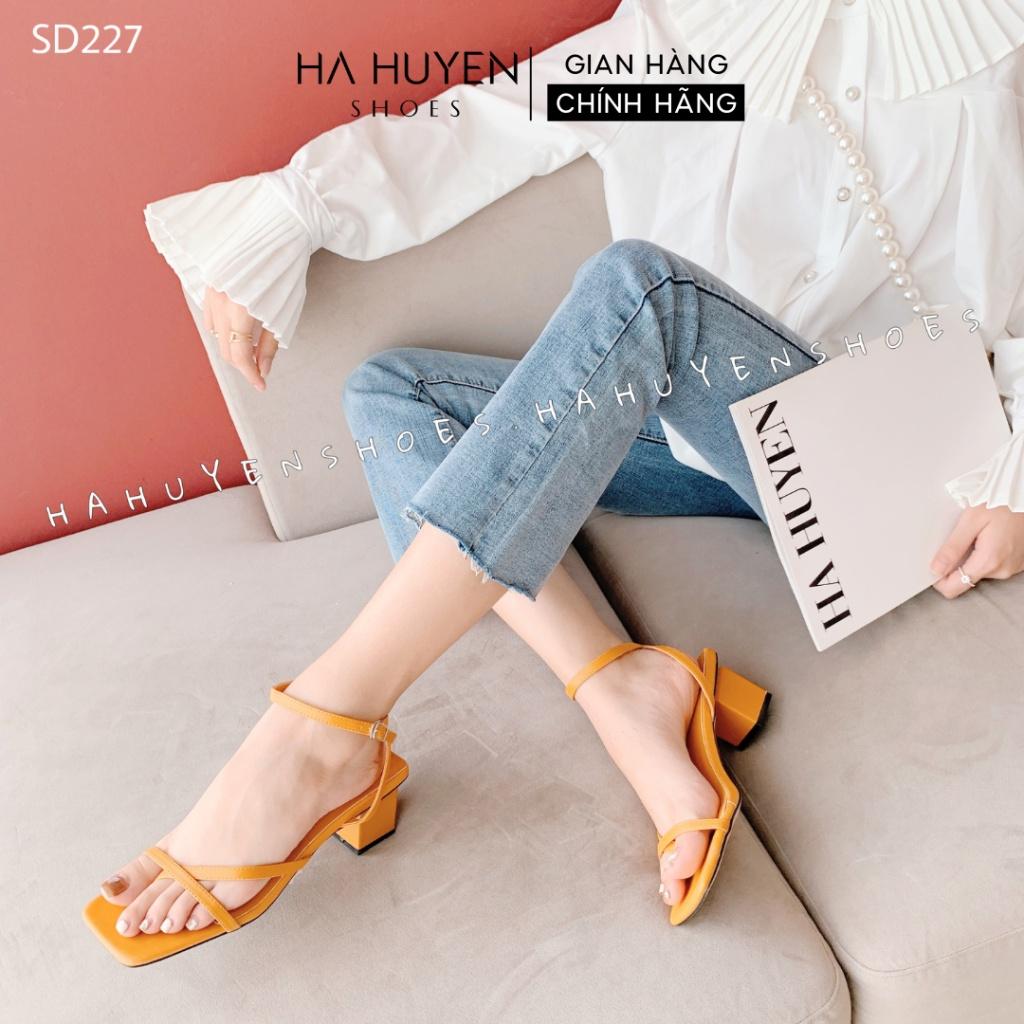 Sandal xỏ ngón nữ Hà Huyền Shoes mũi vuông quai mảnh đan chéo gót vuông 5 phân - SD227