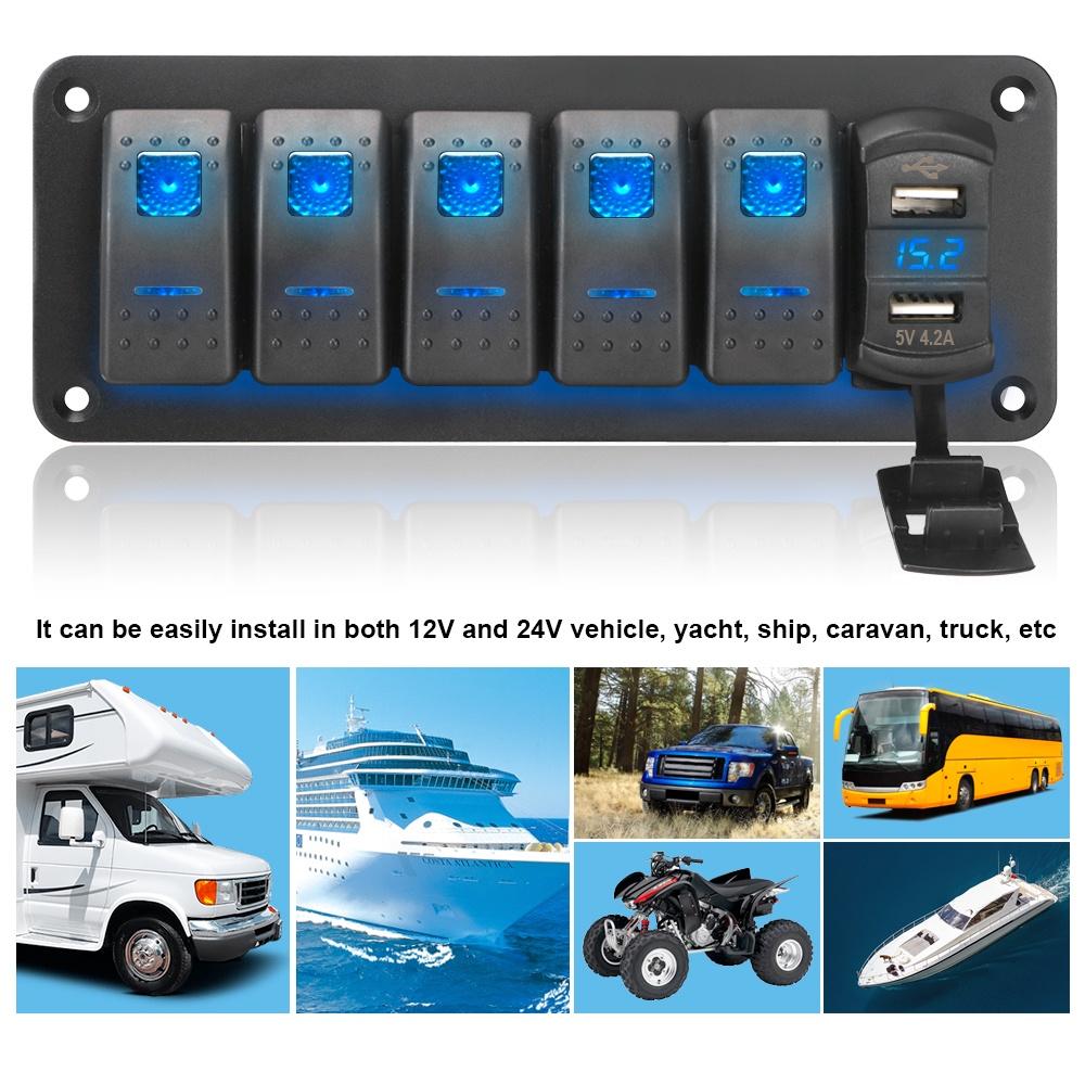 Bảng công tắc điện áp 5 cổng USB 4.2A hai cổng chống nước cho xe hơi/xe tải