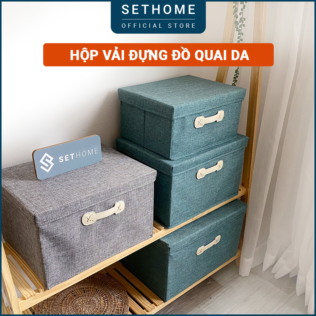 Hộp vải đựng đồ xuất Hàn SETHOME đa năng giỏ đựng quần áo đồ lót đồ dùng cá nhân nắp rời tay cầm bằng da bò cao cấp