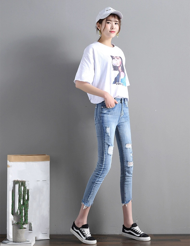 [SIZE ĐẠI 60kg~90kg] Quần jean dài 9 tấc BIG SIZE lưng cao, màu xanh nhạt, rách kiểu, co dãn mạnh 32566