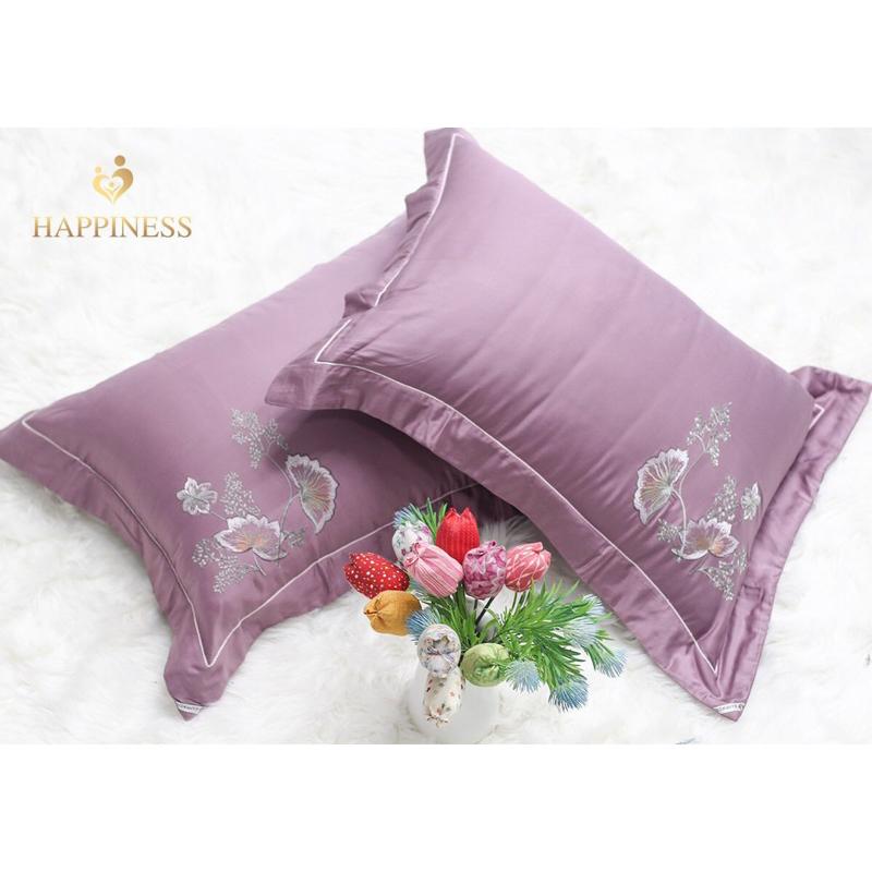 Vỏ Gối Đầu lụa satin đẹp thêu happiness