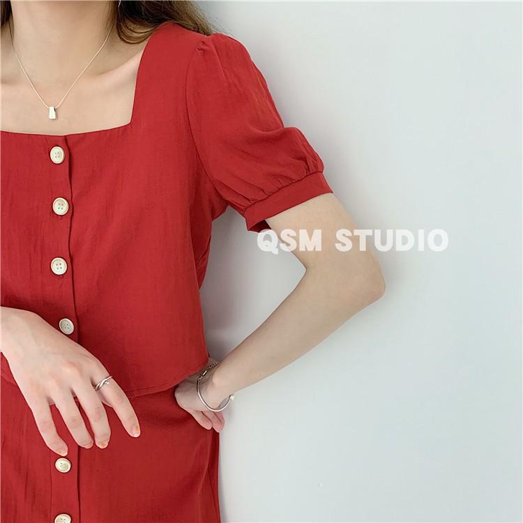 Set áo đỏ cổ vuông form ngắn + chân váy chữ A tiểu thư Hàn Quốc, set váy freesize &lt;53kg