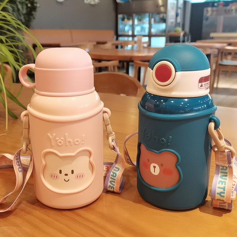 450Ml Hoạt Hình Dễ Thương Gấu Bình Giữ Nhiệt Trẻ Em Inox Có Ống Hút Cốc Hút Chân Không Bình Giữ Nhiệt Cà Phê Sữa Di Động Cốc Cách Nhiệt cốc