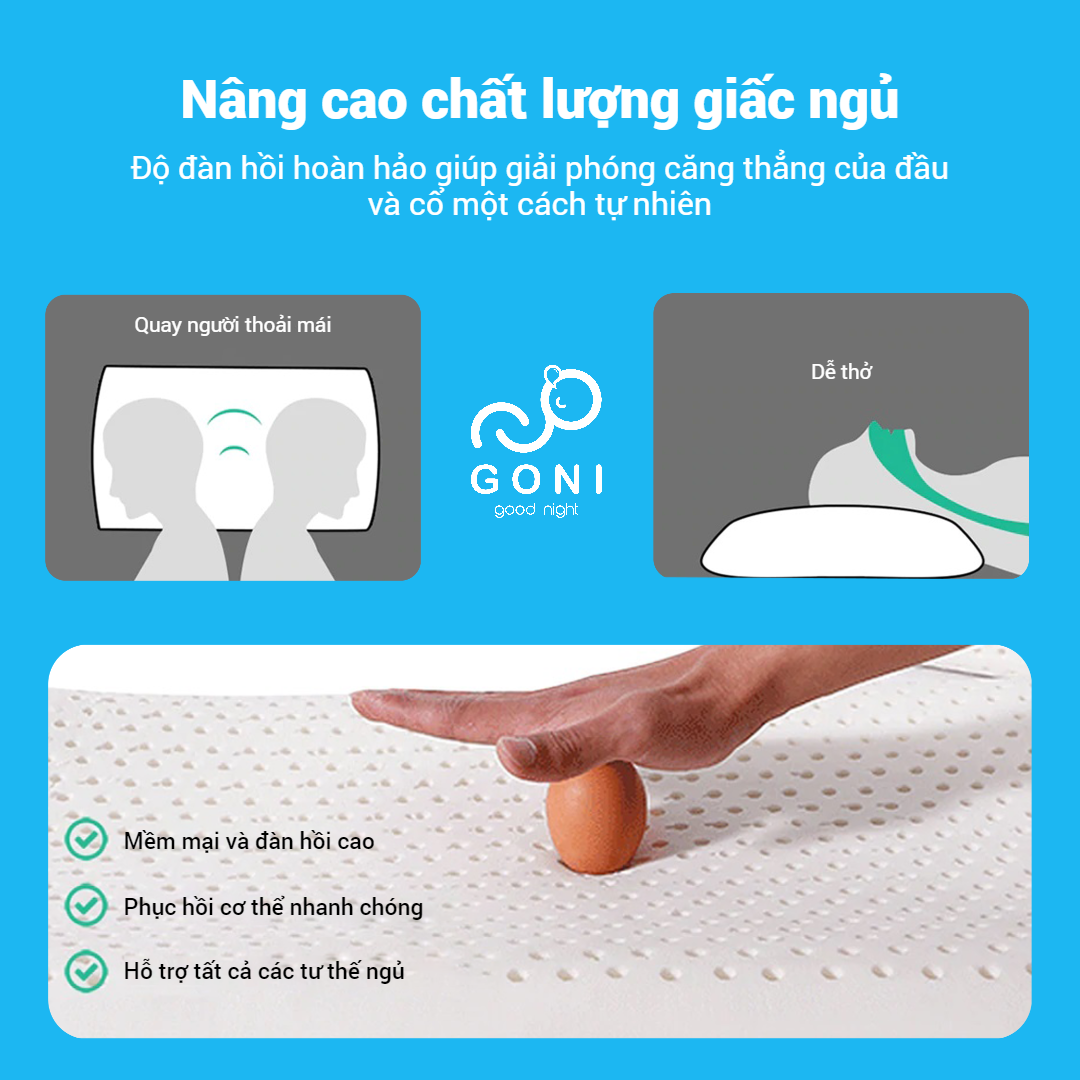 Gối Cao Su Latex Foam Goni Care 40x60cm Đàn Hồi Cao, Kháng Khuẩn, Thoáng Khí, Chống Đau Vai Gáy