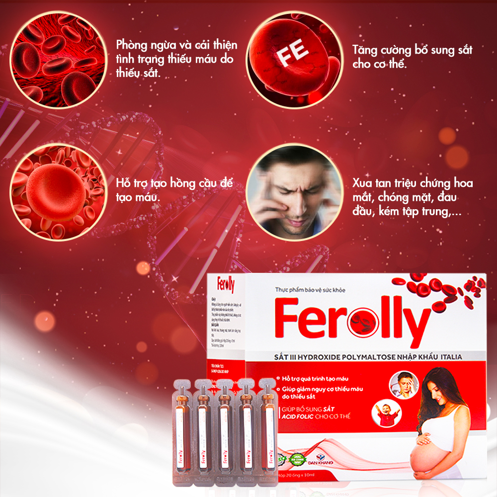 Thực Phẩm Bảo Vệ Sức Khỏe Ferolly Bổ Sung Sắt, Cải Thiện Tình Trạng Thiếu Máu Hộp 20 ống