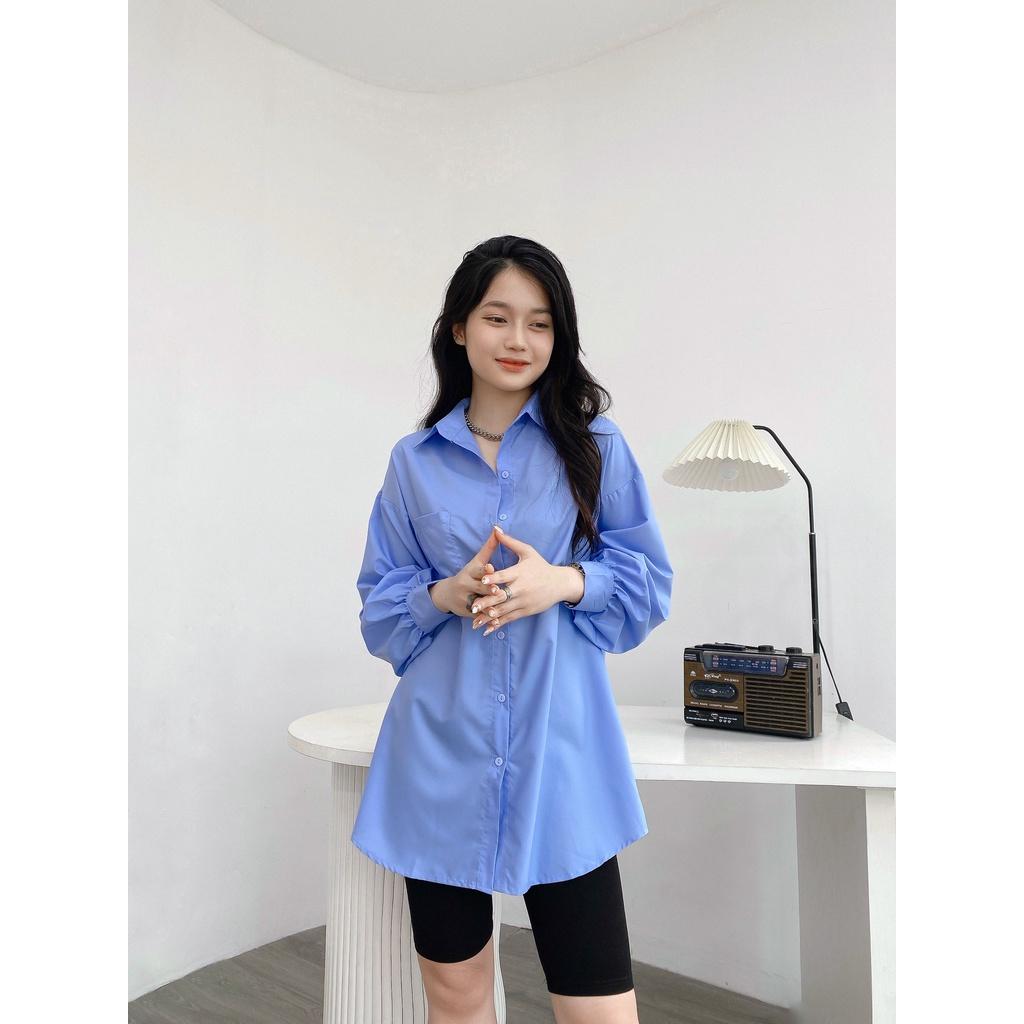 Áo Sơ Mi Dáng Dài Rộng Giấu Quần DOMEI Có Túi