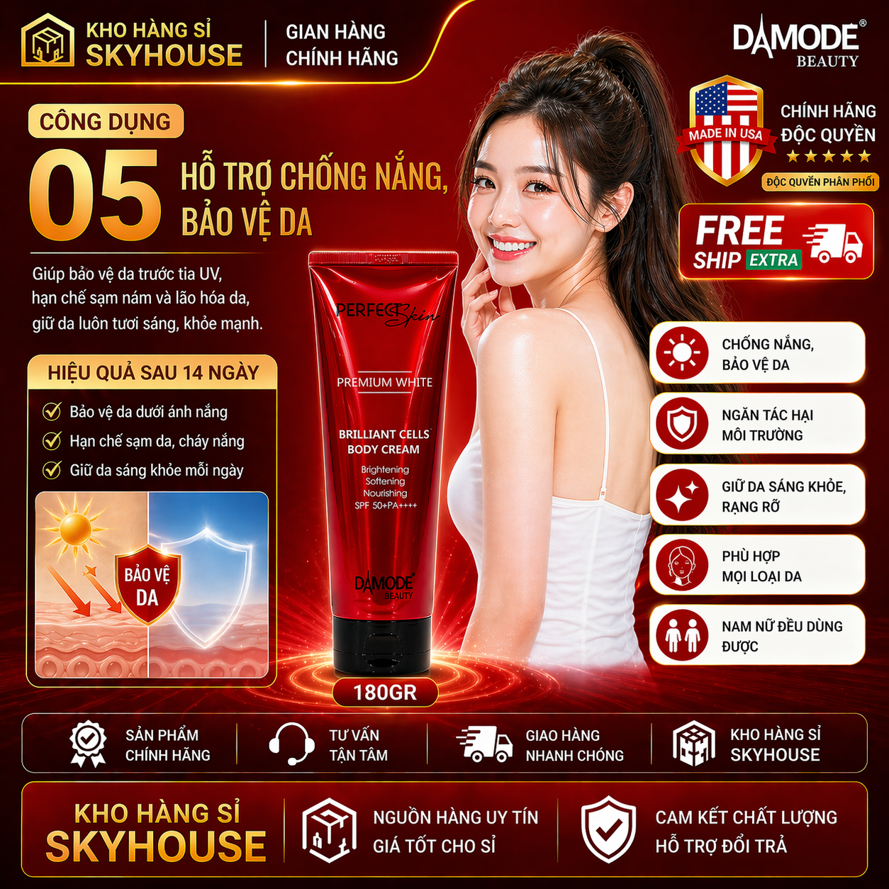 Kem body trắng da BRILLIANT CELLS DAMODE chai 180gr kem body dưỡng ẩm đều màu da chính hãng