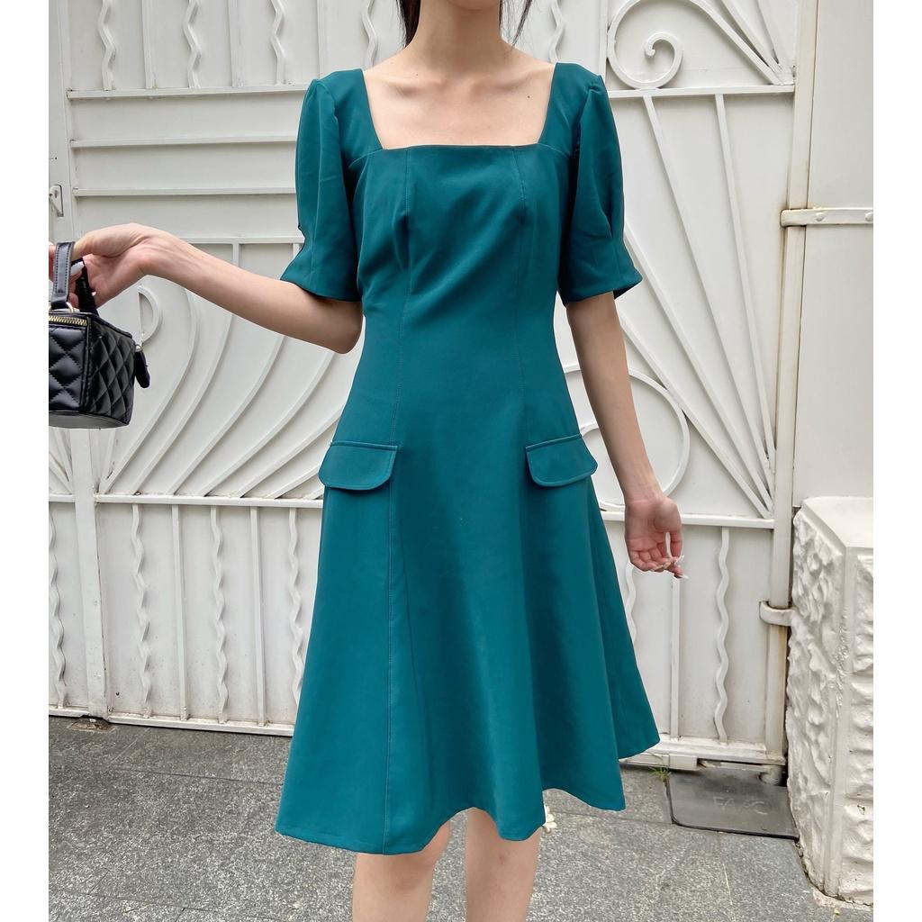 Đầm Dáng Suông, Tay Ngắn, Cách Điệu, Tay Bèo, Có Hai Túi, Khóa Kéo Sau, Màu Xanh - Lovadova 22D04C003