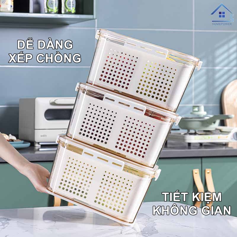 Hộp nhựa đựng thực phẩm tủ lạnh 2 lớp Homepower ghi chú thời gian bảo quản thông minh kèm rổ thoát nước tiện lợi - Cao cấp