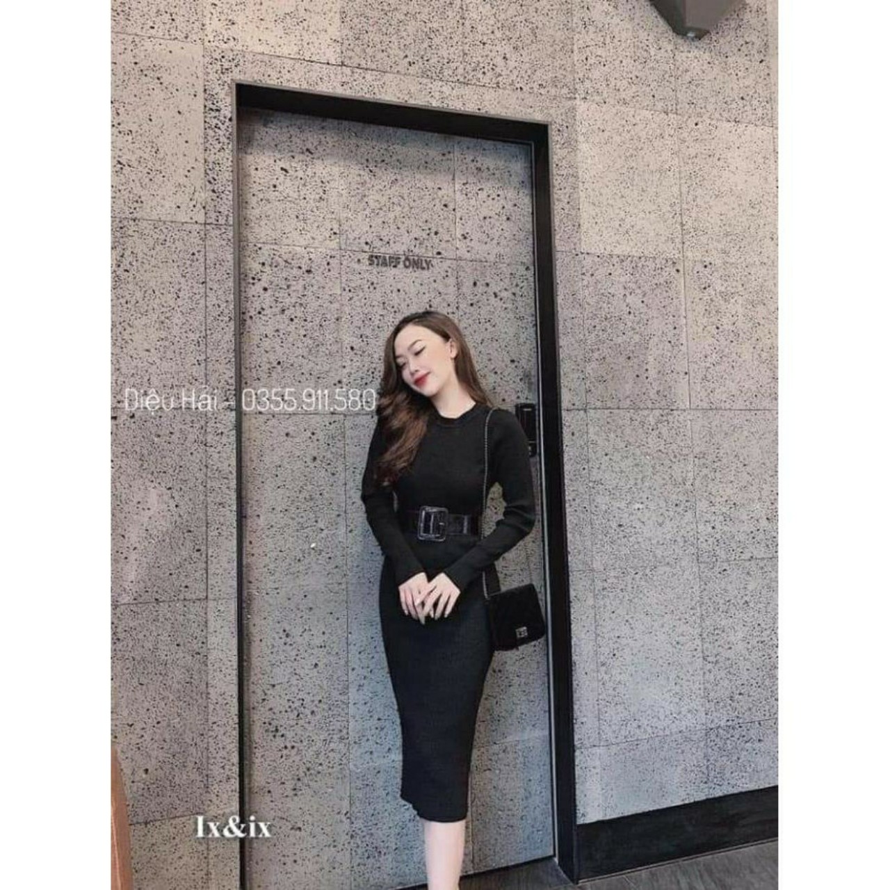 váy body dài tay cổ tròn chất cotton tăm siêu tôn dáng