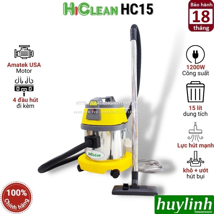 Máy hút bụi công nghiệp khô và ướt Hiclean HC15 - Dung tích 15 lít - Công suất 1200W - Hàng chính hãng