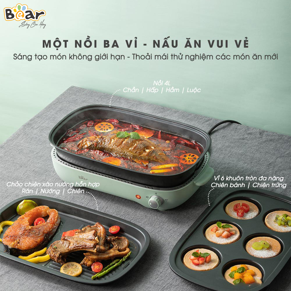 [Hàng Chính Hãng] Nồi Lẩu Nướng 3 Khay Đa Năng (3 in 1) Bear SUBE004, khay lẩu 4 lít, khay bánh 6 khuôn nhỏ tròn, khay nướng thịt với công suất 1200W, có thể tự điều chỉnh nhiệt độ và tăng nhiệt nhanh chóng với mức lửa lớn