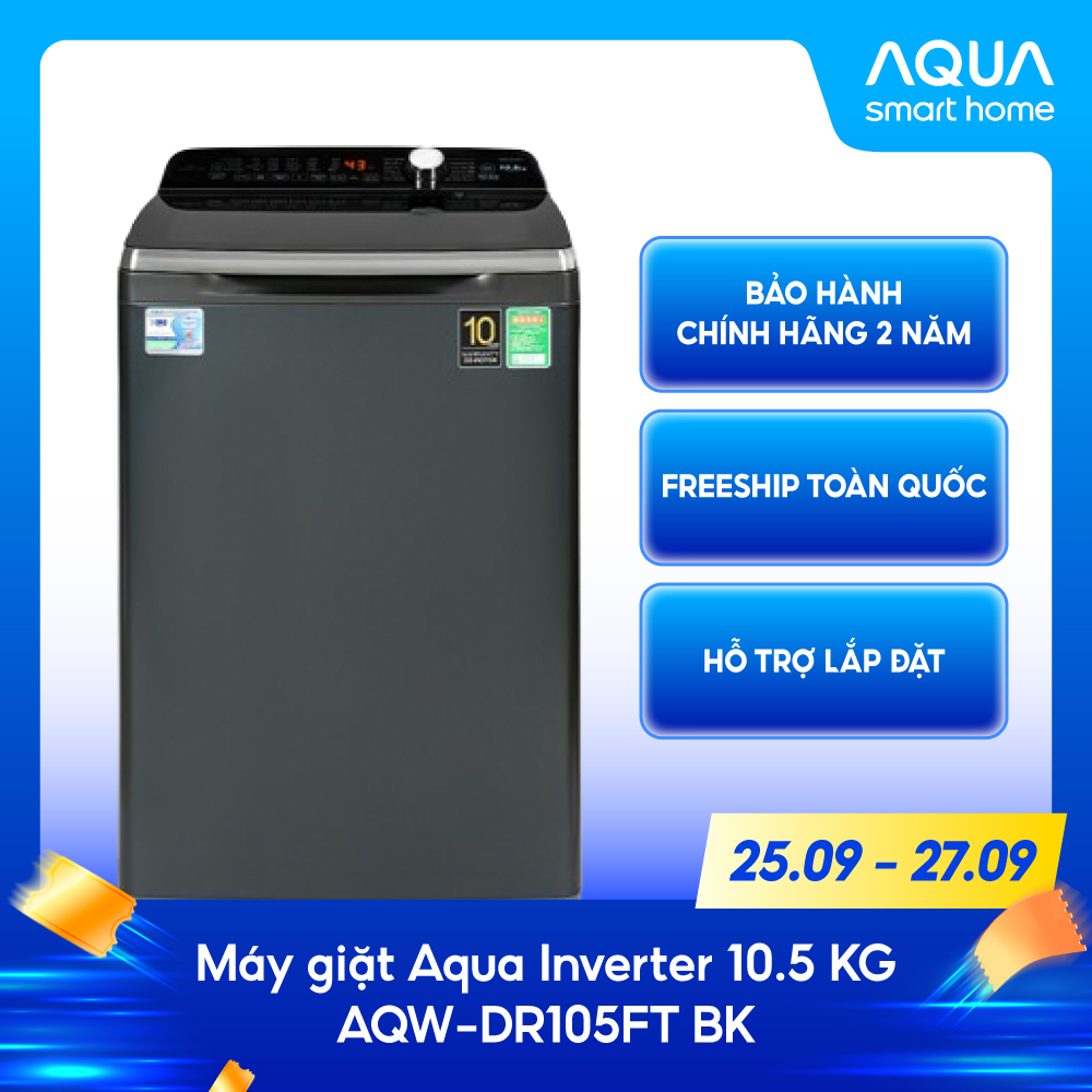 Máy giặt cửa trên Aqua Inverter 10.5 KG AQW-DR105FT.BK - Hàng chính hãng bảo hành động cơ trọn đời - Miễn phí giao hàng toàn quốc - Hỗ trợ lắp đặt