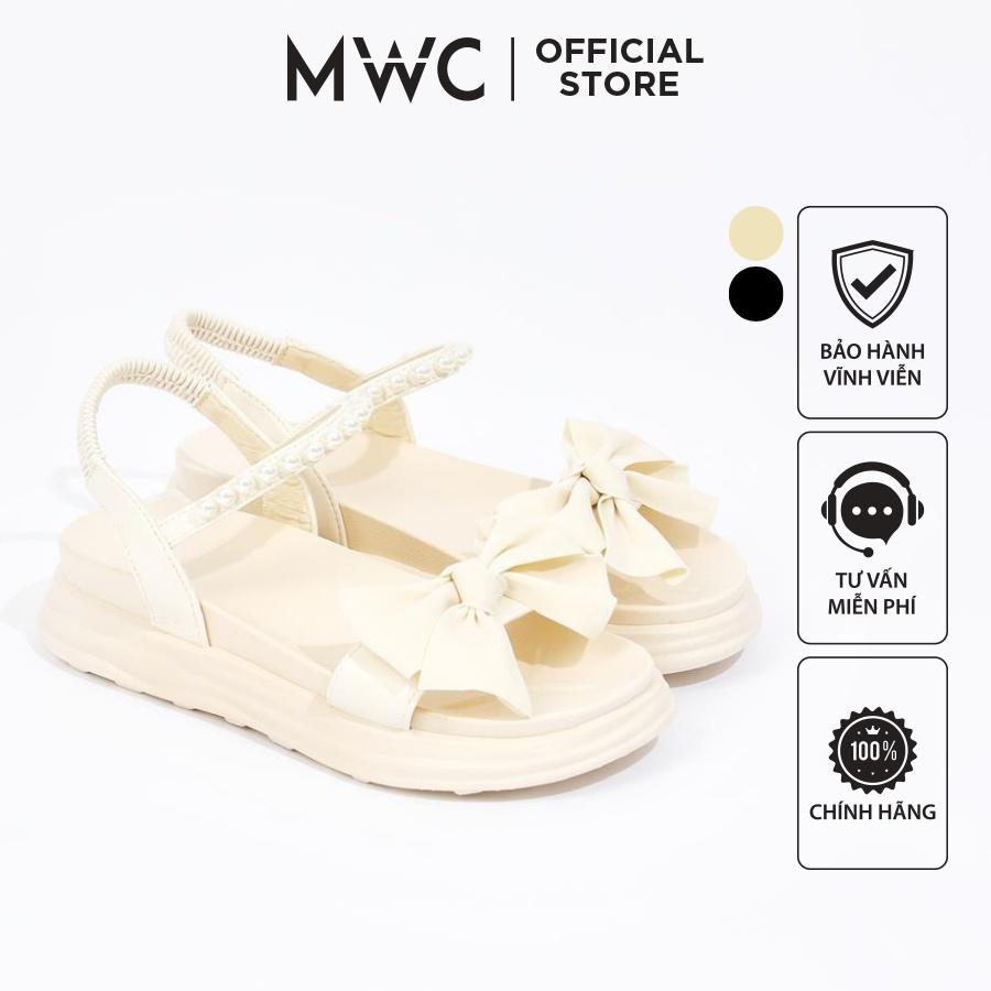 Giày sandal nữ MWC 2980 - Sandal Nữ Quai Ngang Đính Nơ Nhung Cách Điệu Phối Quai Hậu Thời Trang