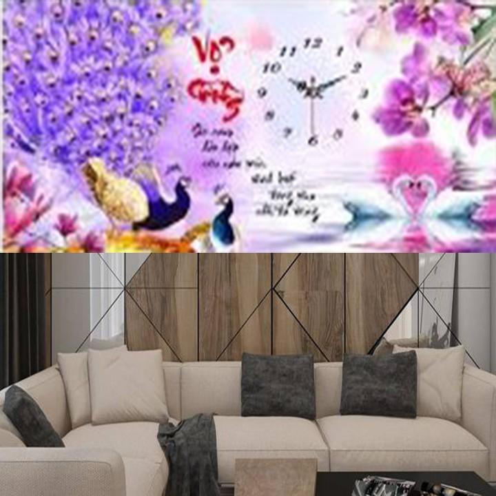 Tranh thêu vợ chồng công tím đồng hồ X8152 - kích thước: 65 * 38cm.