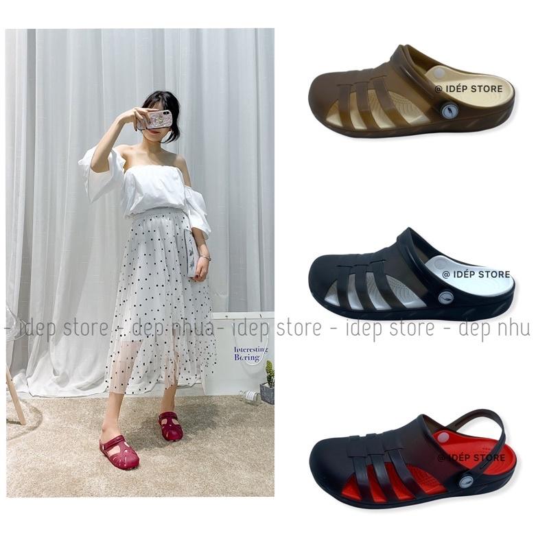 Sandal chiến binh - Giày sục nhựa dẻo 3 sọc cao cấp đi mưa bít mũi nữ iDÉP - GL043