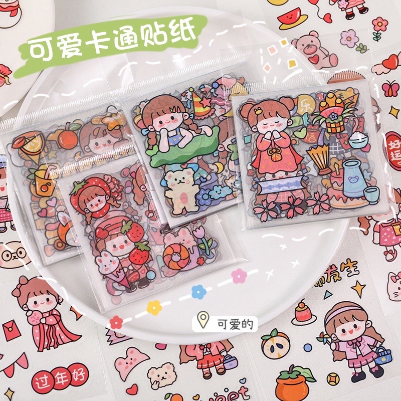 Tách Lẻ 30 tờ sticker size 8x8cm hình cô gái và bé thỏ dễ thương trang trí