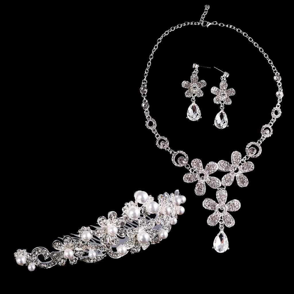Silver Plated Flower Rhinestone Necklace Earrings Bridal Tiara Jewelry Set