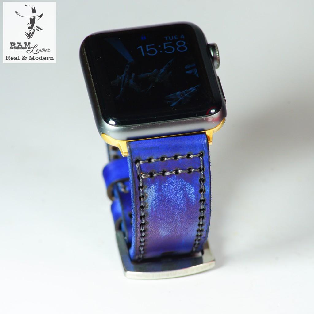 Dây đồng hồ da bò vegtan thảo mộc cao cấp bền chắc màu thủ công xanh hải quân RAM Leather Pilot