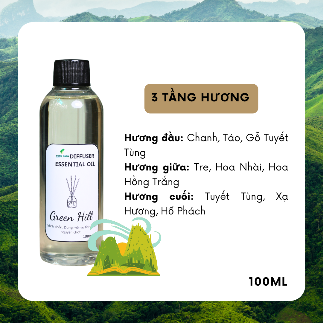 Chai Refill tinh dầu tán hương GREEN HILL (Hương Đồi Xanh) 100ml, thơm phòng, tỏa hương, tíết kiệm.