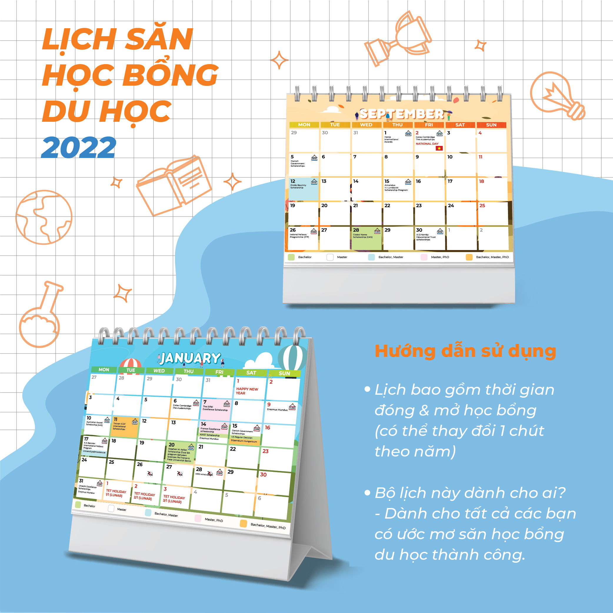 Lịch bàn &quot;Lịch kế hoạch săn học bổng du học 2022&quot; siêu hữu ích và truyền cảm hứng