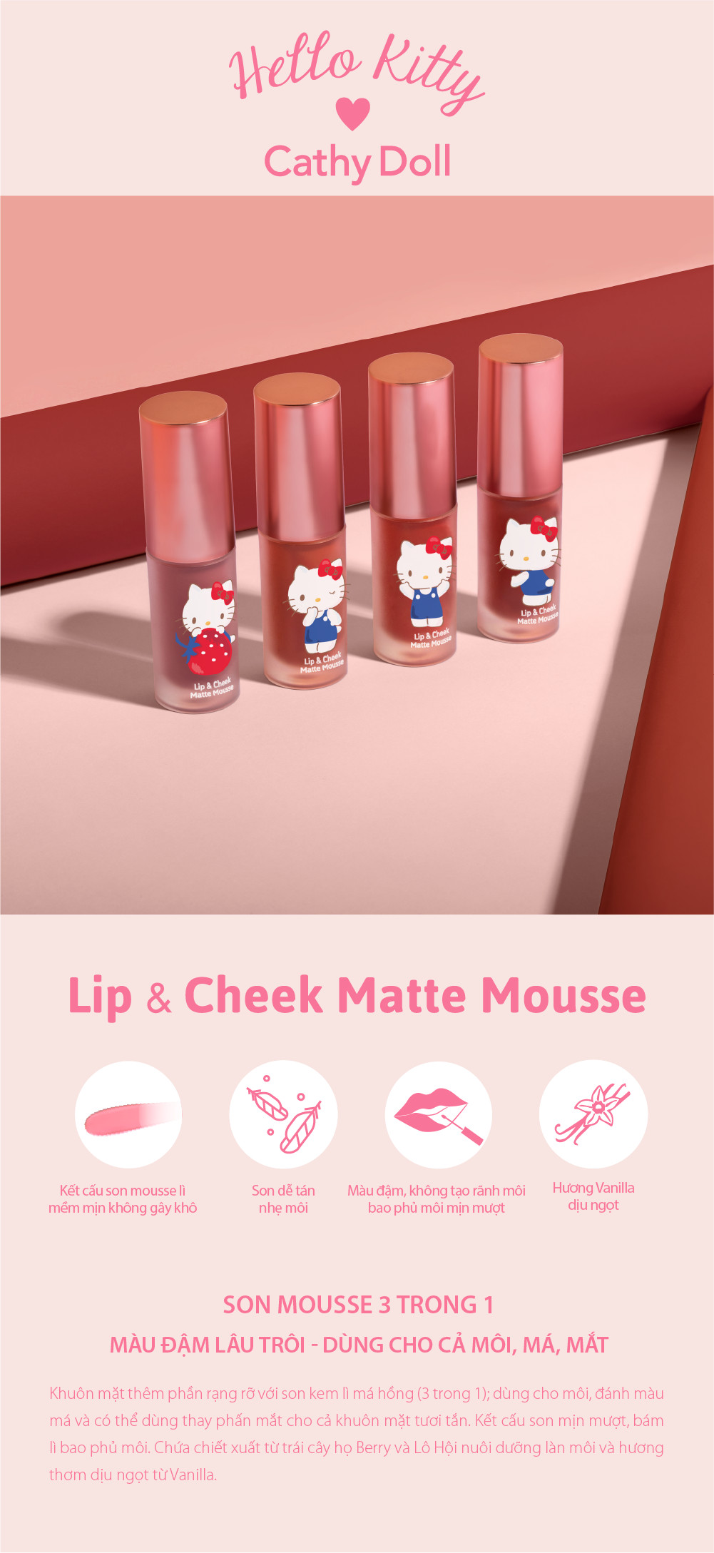 Son kem lì và má hồng Hello Kitty Cathy Doll Lip &amp; Cheek Matte Mousse 4g