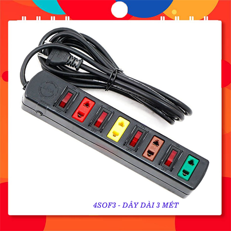 Ổ cắm có bảo vệ quá tải bằng CB 4 ổ cắm 4 công tắc dây 3m LIOA - 4SOF3