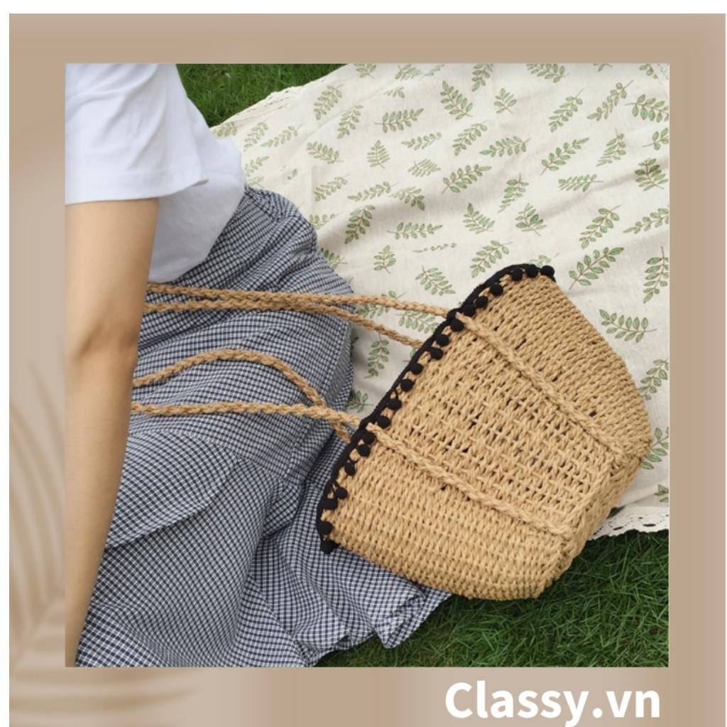 Túi cói Classy đi biển đính hoạ tiết bông gòn đen, kiểu dáng Vintage, có lớp lót trong rộng rãi T331