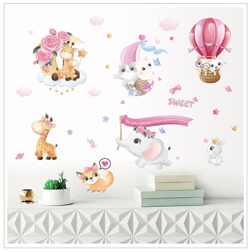 Decal dán tường trang trí - MÈO VÀ NAI CON ĐÁNG YÊU CHO BÉ