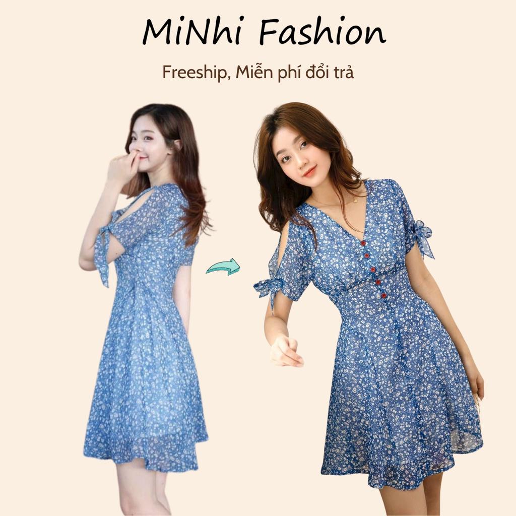 Đầm hoa nhí cổ V, Váy xanh dương ngắn Cao Cấp tay lỡ dáng xòe tôn dáng , mặc dự tiệc - MiNhi Fashion