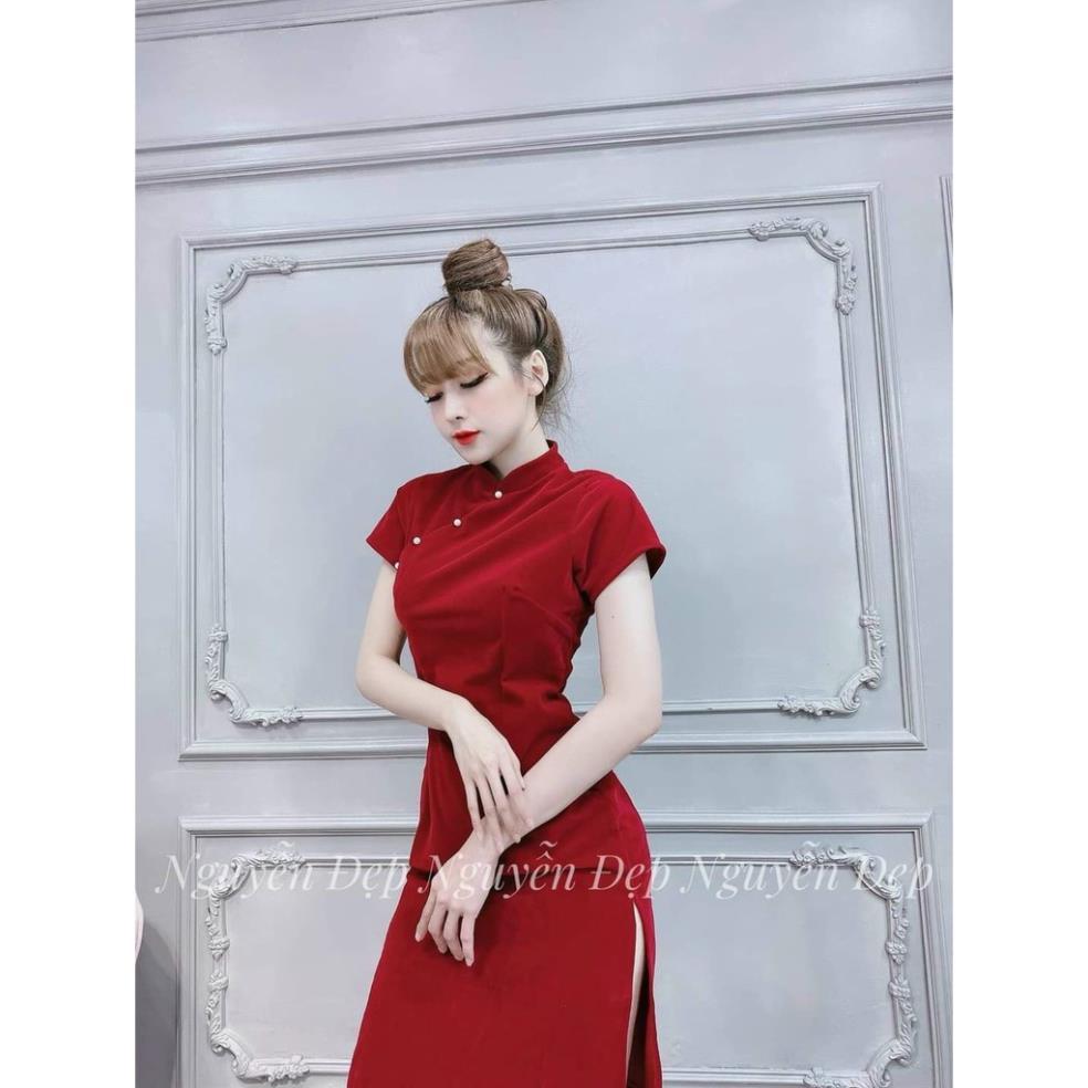 Váy đầm nữ màu đỏ kiểu sườn xám cách tân HT108